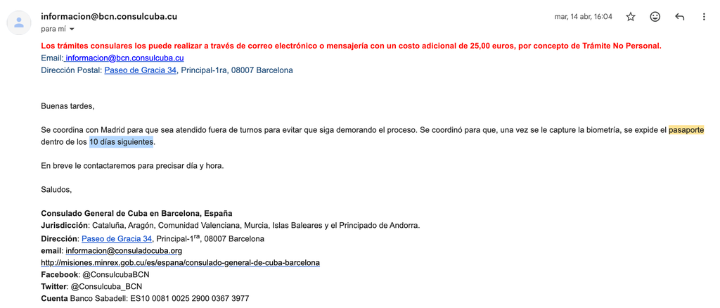 Correo del Consulado de Cuba en Barcelona indicando que me entregarían el pasaporte 10 días después de la captura biométrica.