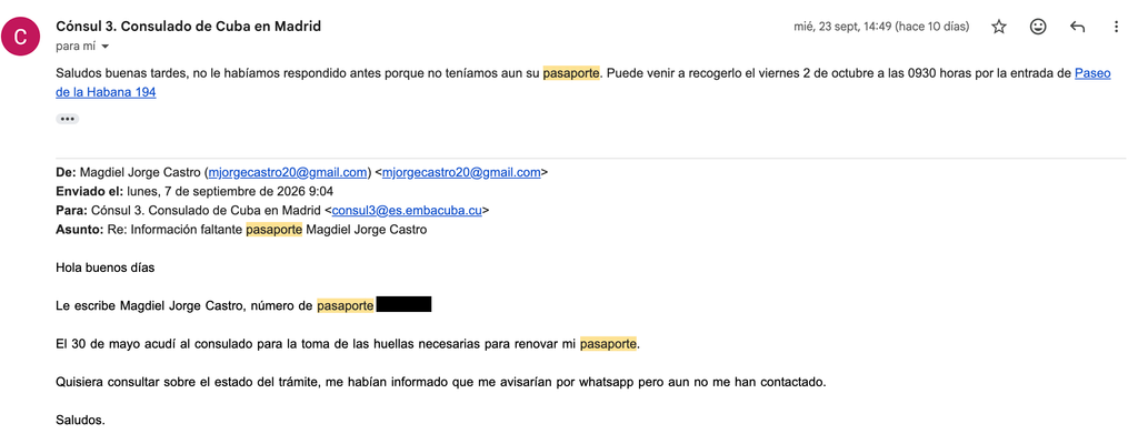 Respuesta del consulado el miércoles 23 de septiembre.